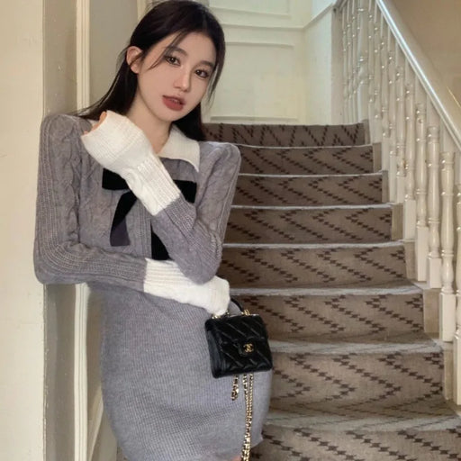 VenusFox Women's Soft Knit Bow Dress – Elegant Korean-Inspired Everyday Style