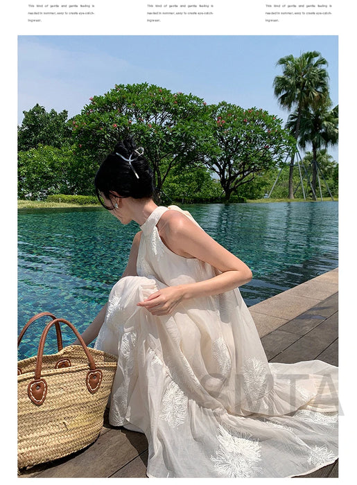 VenusFox Temperament Bohemian Seaside Resort Style Sexy Loose Hanging Neck Character Embroidery Sleeveless Midi Dress Women Summer