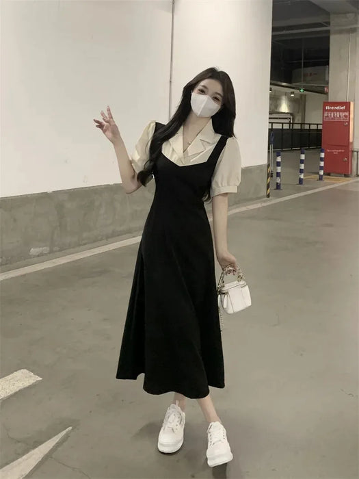 VenusFox Plus Size Color Block Shirt Dress Women's Summer New Style Slimming Hepburn Style Midi Dress Fake Two-Piece Waist-Cinching