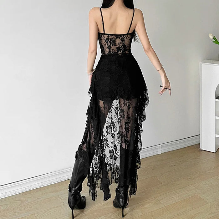 VenusFox Women Lace Irregular Long Dress Camis Sheath Sensual Sheer Dress Fashion Streetwear Hollow Out Ruffles Sexy Dresses