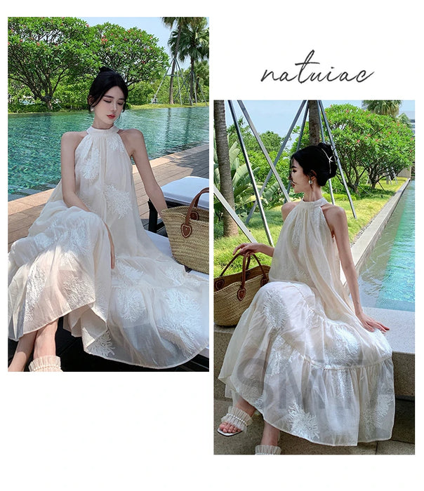 VenusFox Temperament Bohemian Seaside Resort Style Sexy Loose Hanging Neck Character Embroidery Sleeveless Midi Dress Women Summer