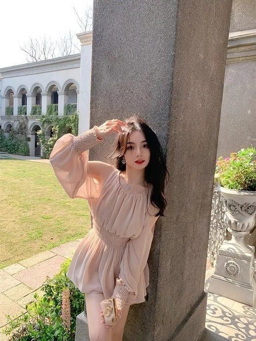VenusFox Mini Dresses Women Spring Summer Off Shoulder Puff Long Sleeve Chiffon Sweet Ruched Elegant Dress Female Casual Fashion