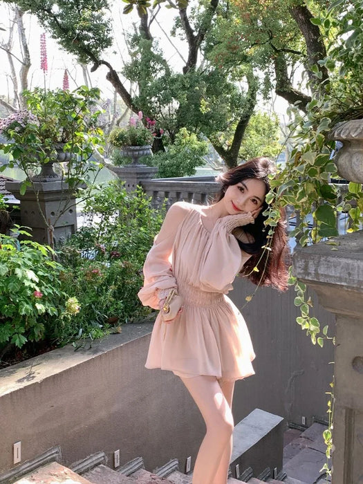 VenusFox Mini Dresses Women Spring Summer Off Shoulder Puff Long Sleeve Chiffon Sweet Ruched Elegant Dress Female Casual Fashion