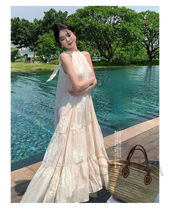VenusFox Temperament Bohemian Seaside Resort Style Sexy Loose Hanging Neck Character Embroidery Sleeveless Midi Dress Women Summer