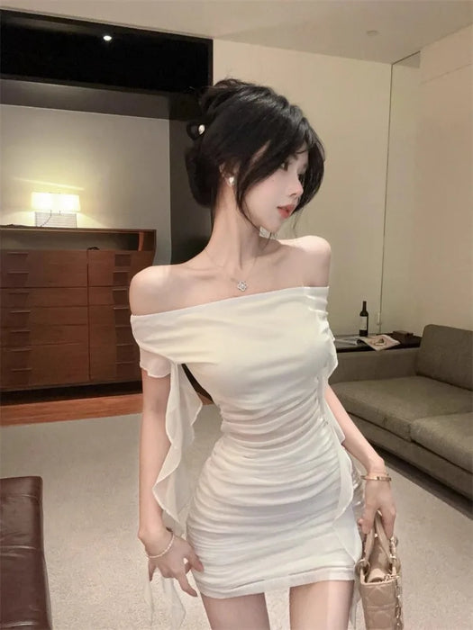 VenusFox Woman Dress Strapless Ruffles Sweet Off Shoulder Patchwork Slim Sweet Backless Summer Fashion Party Mini Dresses Sexy