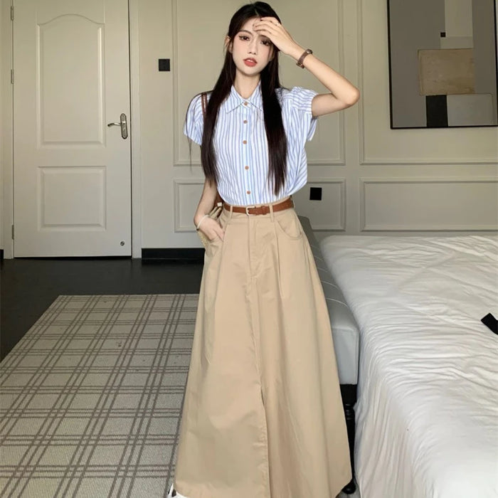 Slit Stripe Women's Two Skirt Piece Set Festival Elegant Casual Vintage New in The Same Korean Style Co Ord Chic Female Outfits