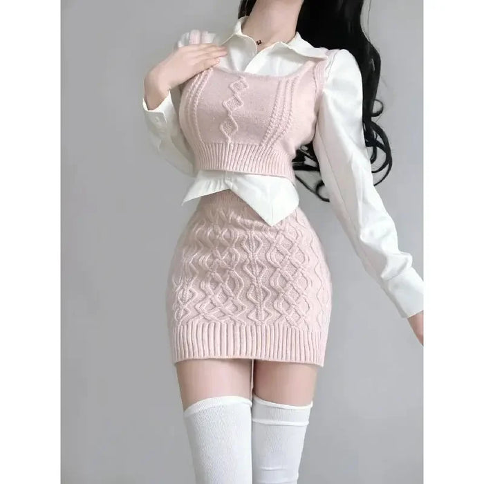 Women's Spring Suite Niche Korean Style Sweatervest Skirt Set Three Piece Single Piece Ins Fashion Overlay