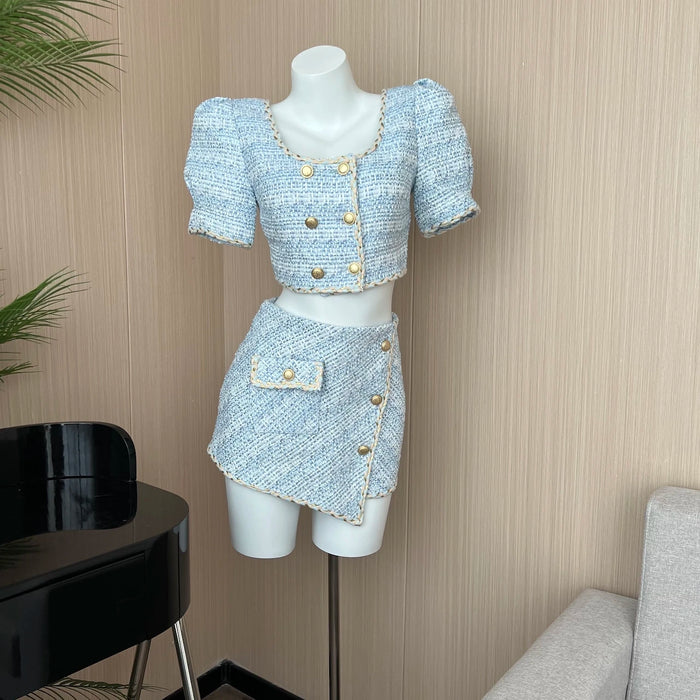Elegant Chic Vintage Tweed Sets Women Outfits Puff Sleeve Double Breasted Cropped Tops + Asymmetrical Mini Skirt Two Piece Suits