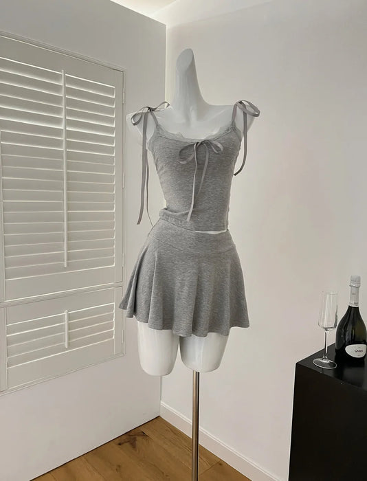 2025 Spring Women Birthday Ballet Core Korean Fashion Outfits 3 Piece Set Shoujo Lace Camisole +  Long Sleeve Tops + Mini Skirts