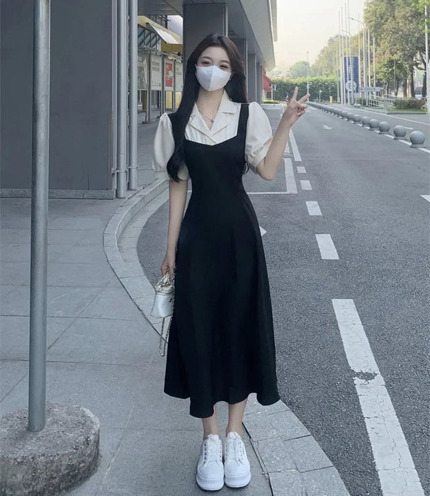 VenusFox Plus Size Color Block Shirt Dress Women's Summer New Style Slimming Hepburn Style Midi Dress Fake Two-Piece Waist-Cinching