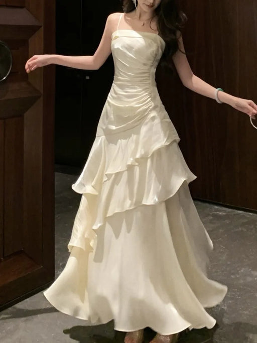 French Elegant Ruffles Sling Women's Mermaid Dresses Prom Gown Soild Zipper Tierred Shoulder Dress 2025 Summer Chic New Vestidos