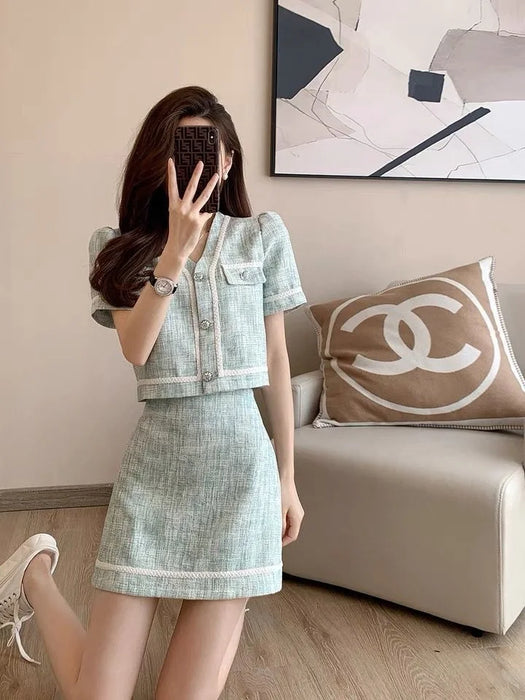 French Vintage Small Fragrance Two Piece Set Women Short Jacket Coat + Mini Skirt Sets Korean Fashion Summer 2 Piece Outfit