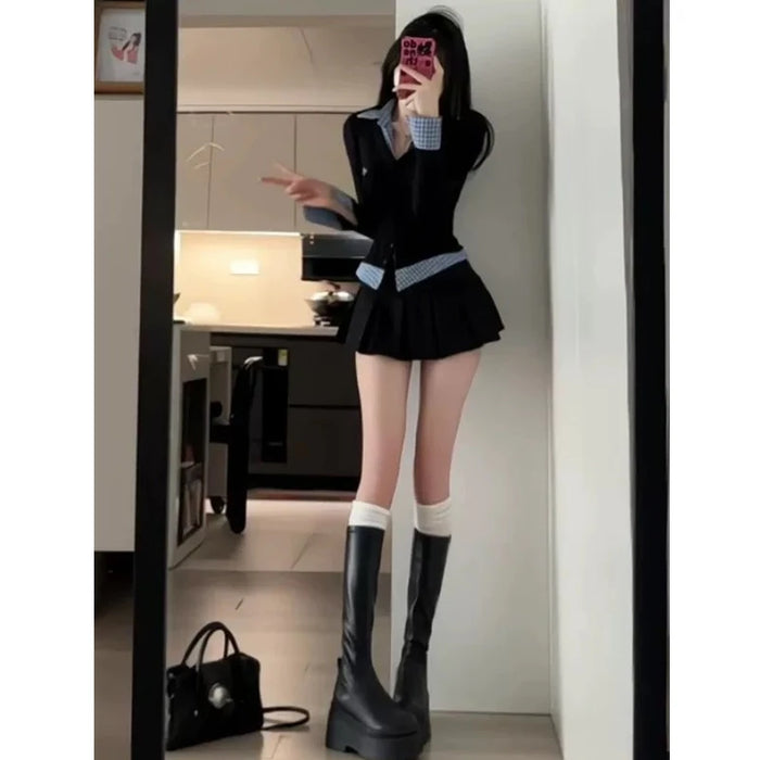 Sweet And Spicy Korean Sle irt And Skirt Set Women's Early Spring College Sle Stripe Splicing Pleated Skirt Two Piece S...