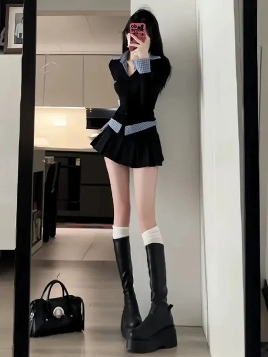 Sweet And Spicy Korean Sle irt And Skirt Set Women's Early Spring College Sle Stripe Splicing Pleated Skirt Two Piece S...