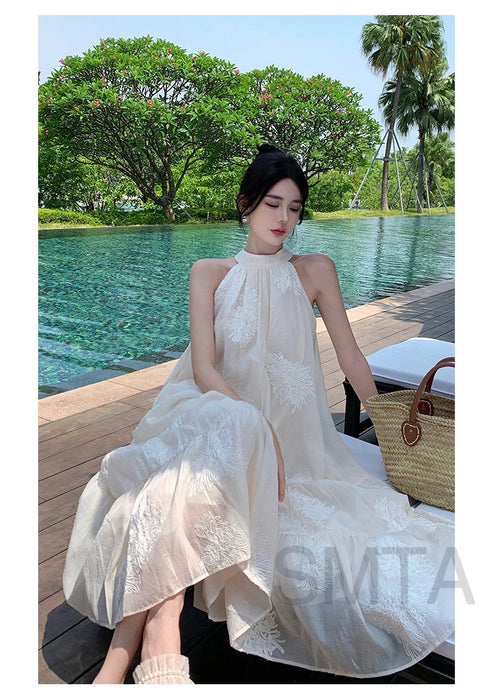 VenusFox Temperament Bohemian Seaside Resort Style Sexy Loose Hanging Neck Character Embroidery Sleeveless Midi Dress Women Summer