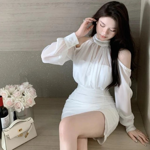 Off Shoulder Dresses for Women Spring Autumn 2025 Beach Korean Fashion One Pieces Curvy Hot Kpop Chiffon Woman Long Sleeve Dress