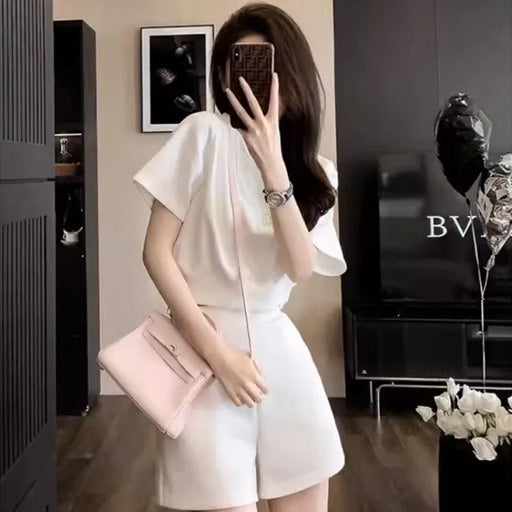 VenusFox Women's White Tailored Two-Piece Shorts Set – Korean-Inspired Summer Outfit