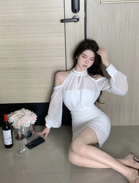 Off Shoulder Dresses for Women Spring Autumn 2025 Beach Korean Fashion One Pieces Curvy Hot Kpop Chiffon Woman Long Sleeve Dress