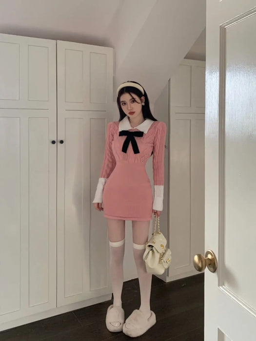 Bow Female Knit Dress High Quality Deals Trend Fashion Korean Comfortable Casual Essential New in Pink Women's Crochet Dresses