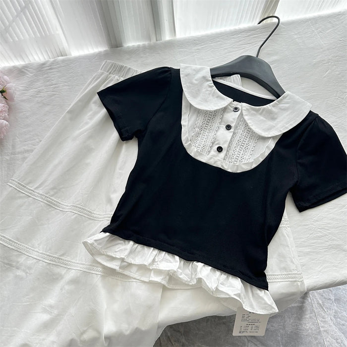 Summer Women Korean Mori Girl 2000s Aesthetic Cute Core Outfits 2 Piece Set Short Sleeve Peter Pan Collar Crop Top + Midi Skirt
