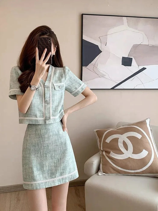 French Vintage Small Fragrance Two Piece Set Women Short Jacket Coat + Mini Skirt Sets Korean Fashion Summer 2 Piece Outfit