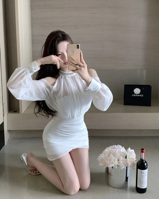 Off Shoulder Dresses for Women Spring Autumn 2025 Beach Korean Fashion One Pieces Curvy Hot Kpop Chiffon Woman Long Sleeve Dress