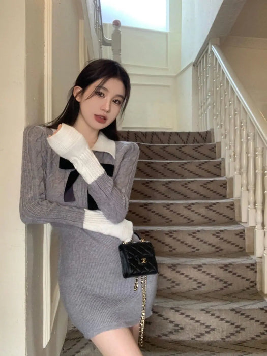 Bow Female Knit Dress High Quality Deals Trend Fashion Korean Comfortable Casual Essential New in Pink Women's Crochet Dresses