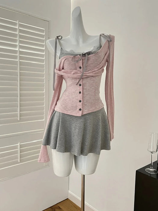 2025 Spring Women Birthday Ballet Core Korean Fashion Outfits 3 Piece Set Shoujo Lace Camisole +  Long Sleeve Tops + Mini Skirts