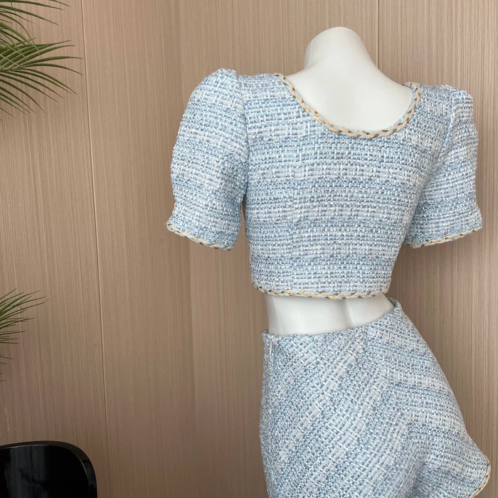 Elegant Chic Vintage Tweed Sets Women Outfits Puff Sleeve Double Breasted Cropped Tops + Asymmetrical Mini Skirt Two Piece Suits
