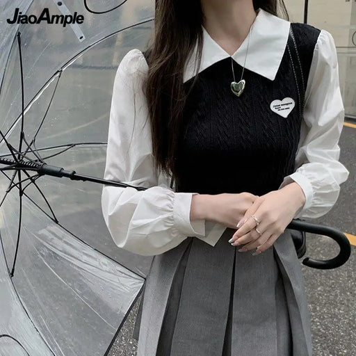 VenusFox Women's Preppy Two-Piece Skirt Set – Patchwork Shirt & High-Waist Pleated Mini Skirt