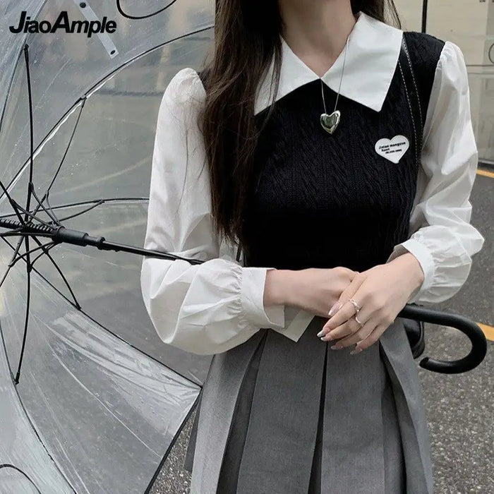 Women's Spring Autumn Preppy Style Clothing 2025 New Student Patchwork Shirt Mini Pleated Skirts Outfits High School Uniform
