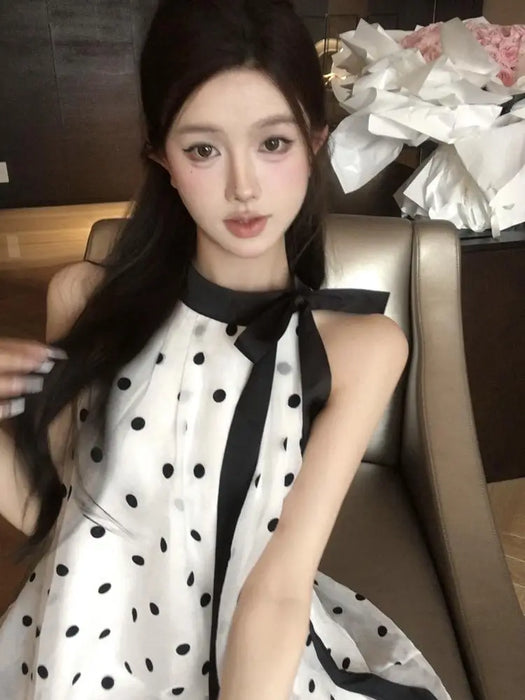 VenusFox Fairy Halter Polka Dot Mini Dress Women Summer Lace Up Bow Off Shoulder Chiffon A-line Dresses Fashion Party Vestidos