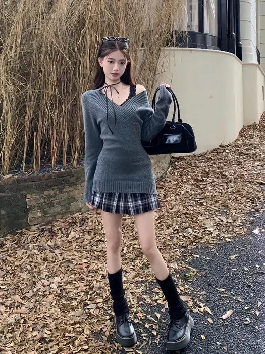 3 Pieces Set Outfits Women Korean Style Two Piece Set Knit Top Pleated Plaid Skirt Matching Set New 2000s Clothes Y2k Gyaru Girl