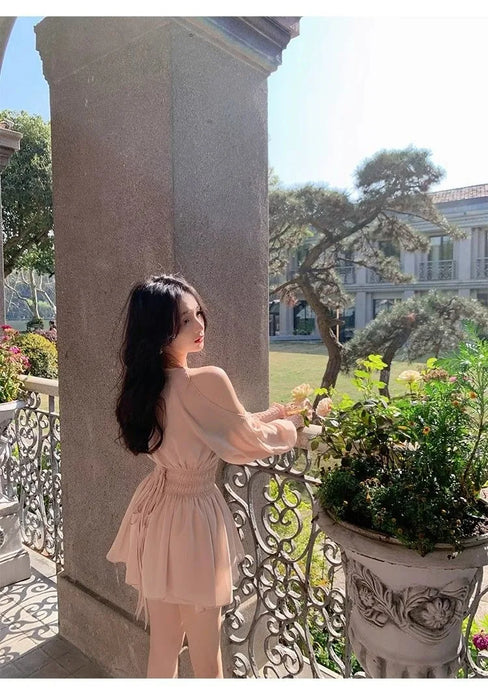 VenusFox Mini Dresses Women Spring Summer Off Shoulder Puff Long Sleeve Chiffon Sweet Ruched Elegant Dress Female Casual Fashion