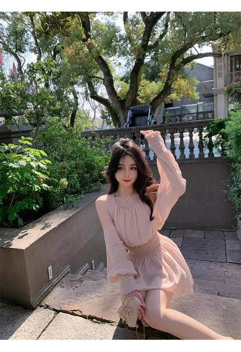 VenusFox Mini Dresses Women Spring Summer Off Shoulder Puff Long Sleeve Chiffon Sweet Ruched Elegant Dress Female Casual Fashion