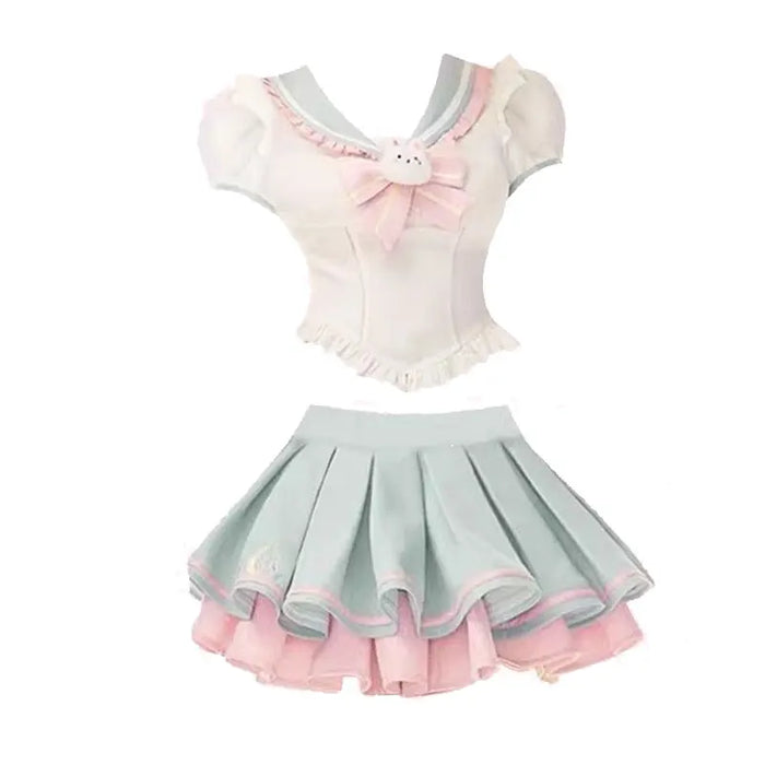 Y2k Sweet Style Skirt Set Bow Tie Peter Pan Collar Top High-Waist Puffy Skirt 2 Piece Set Summer Preppy JK Sailor Uniform Outfit