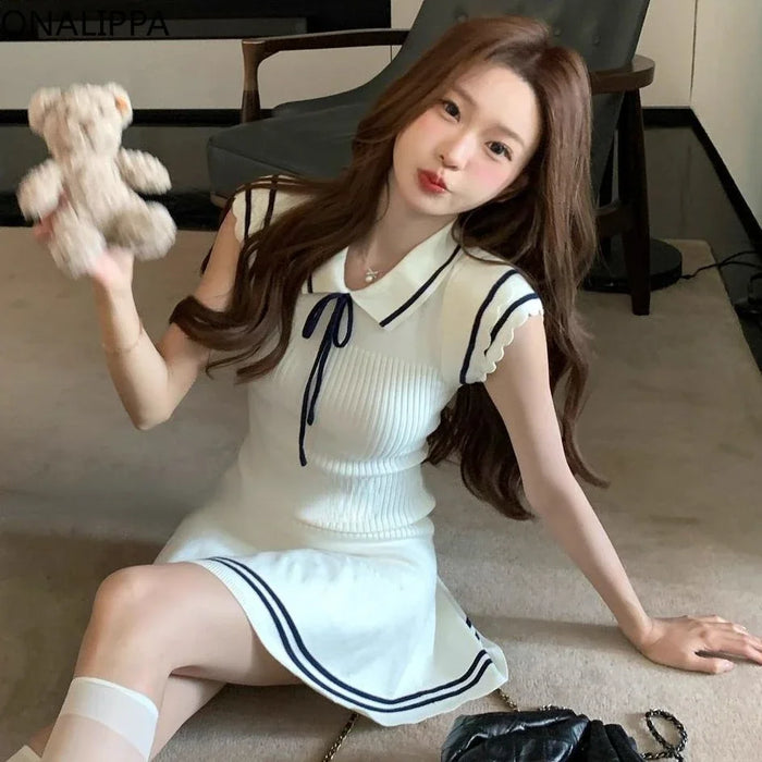 VenusFox Contrast Flying Sleeves Mini Dress for Women Striped Ruffles Elastic A Line Dresses Preppy Style High Waist Vestidos