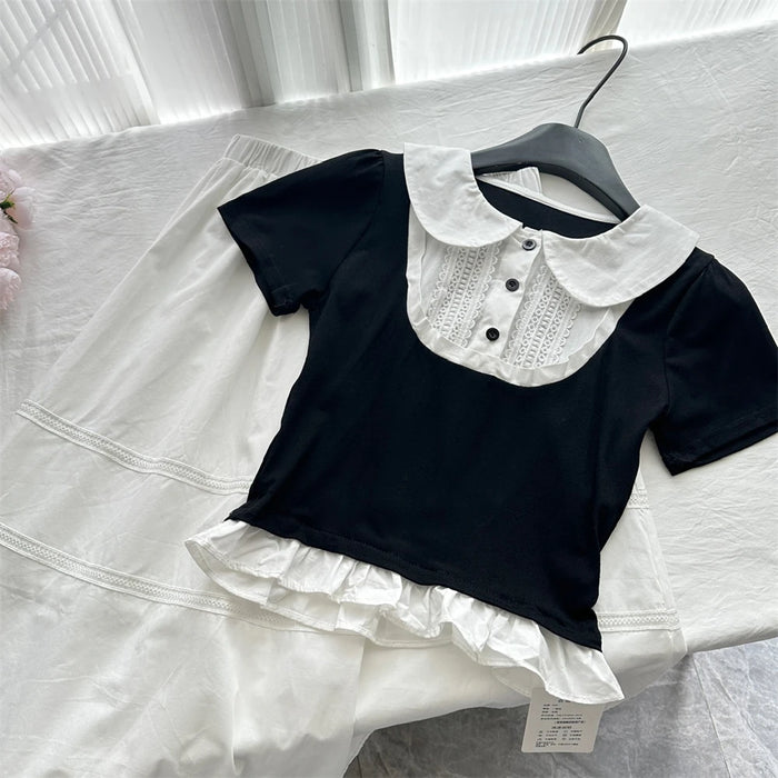 Summer Women Korean Mori Girl 2000s Aesthetic Cute Core Outfits 2 Piece Set Short Sleeve Peter Pan Collar Crop Top + Midi Skirt