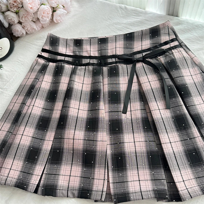 Summer Women Korean Shoujo Idols 2000s Gyaru Outfits 2 Piece Set Short Sleeve Crop Top With Tie + Mini Plaid Pleated Skirts