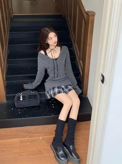 3 Pieces Set Outfits Women Korean Style Two Piece Set Knit Top Pleated Plaid Skirt Matching Set New 2000s Clothes Y2k Gyaru Girl