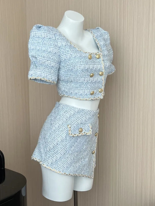 Elegant Chic Vintage Tweed Sets Women Outfits Puff Sleeve Double Breasted Cropped Tops + Asymmetrical Mini Skirt Two Piece Suits