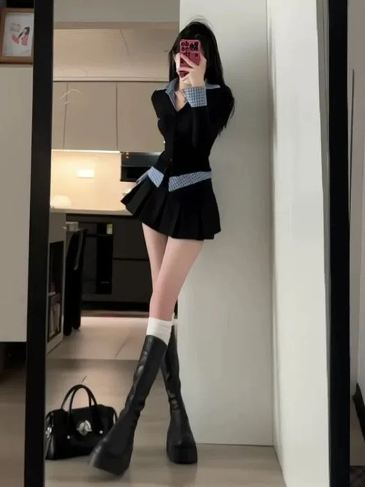 Sweet And Spicy Korean Sle irt And Skirt Set Women's Early Spring College Sle Stripe Splicing Pleated Skirt Two Piece S...