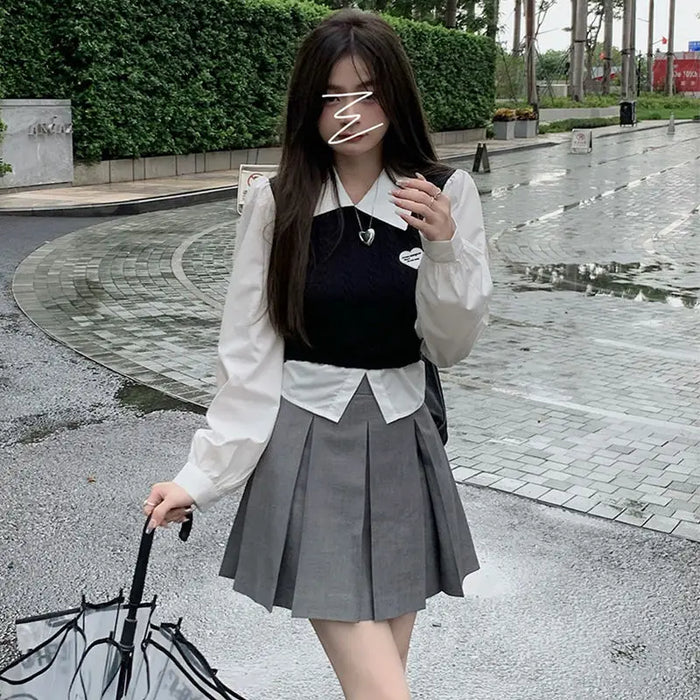 Women's Spring Autumn Preppy Style Clothing 2025 New Student Patchwork Shirt Mini Pleated Skirts Outfits High School Uniform