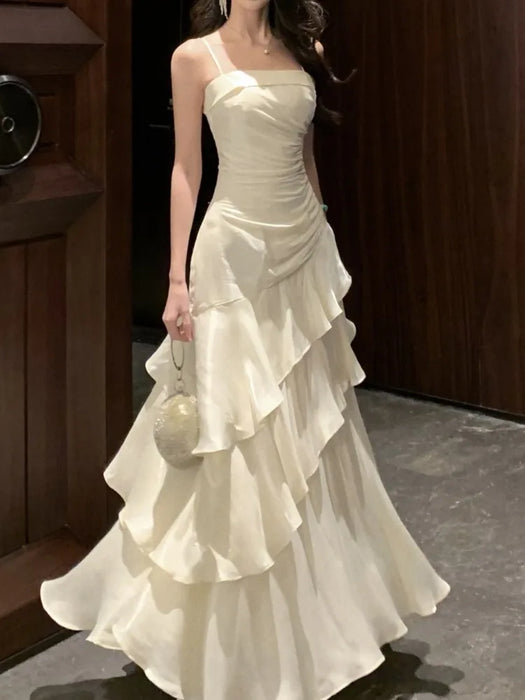 French Elegant Ruffles Sling Women's Mermaid Dresses Prom Gown Soild Zipper Tierred Shoulder Dress 2025 Summer Chic New Vestidos