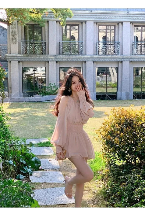 VenusFox Mini Dresses Women Spring Summer Off Shoulder Puff Long Sleeve Chiffon Sweet Ruched Elegant Dress Female Casual Fashion