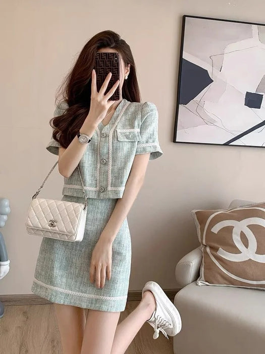 French Vintage Small Fragrance Two Piece Set Women Short Jacket Coat + Mini Skirt Sets Korean Fashion Summer 2 Piece Outfit