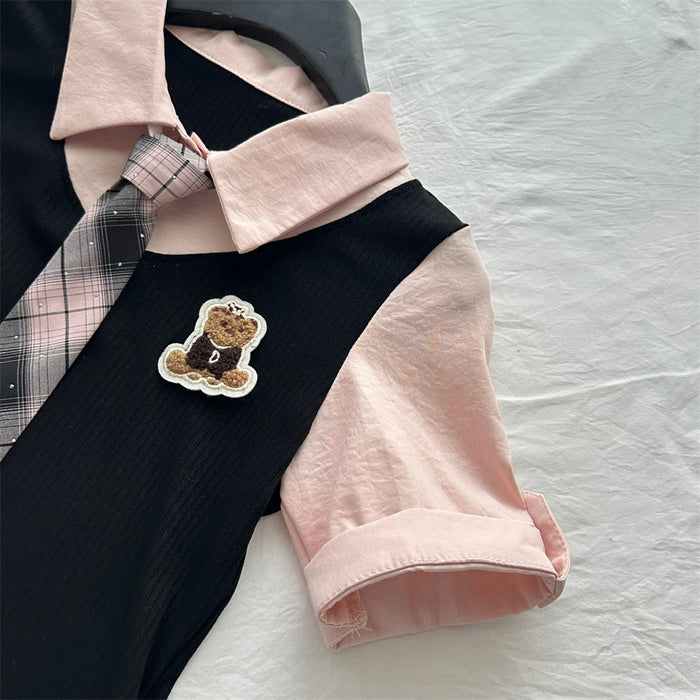 Summer Women Korean Shoujo Idols 2000s Gyaru Outfits 2 Piece Set Short Sleeve Crop Top With Tie + Mini Plaid Pleated Skirts