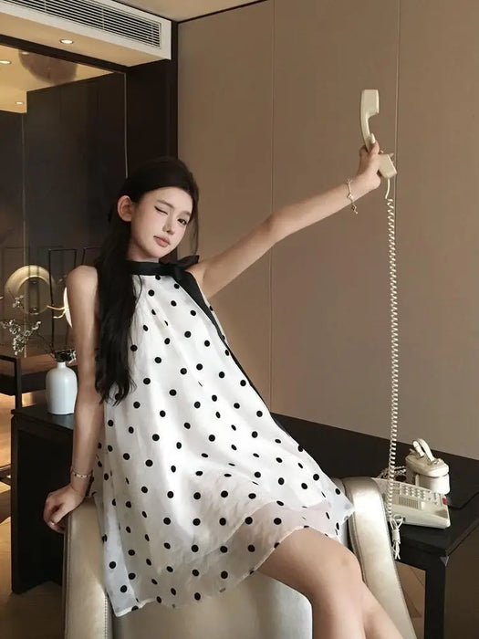 VenusFox Fairy Halter Polka Dot Mini Dress Women Summer Lace Up Bow Off Shoulder Chiffon A-line Dresses Fashion Party Vestidos
