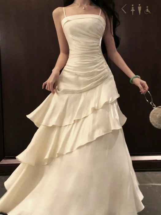French Elegant Ruffles Sling Women's Mermaid Dresses Prom Gown Soild Zipper Tierred Shoulder Dress 2025 Summer Chic New Vestidos