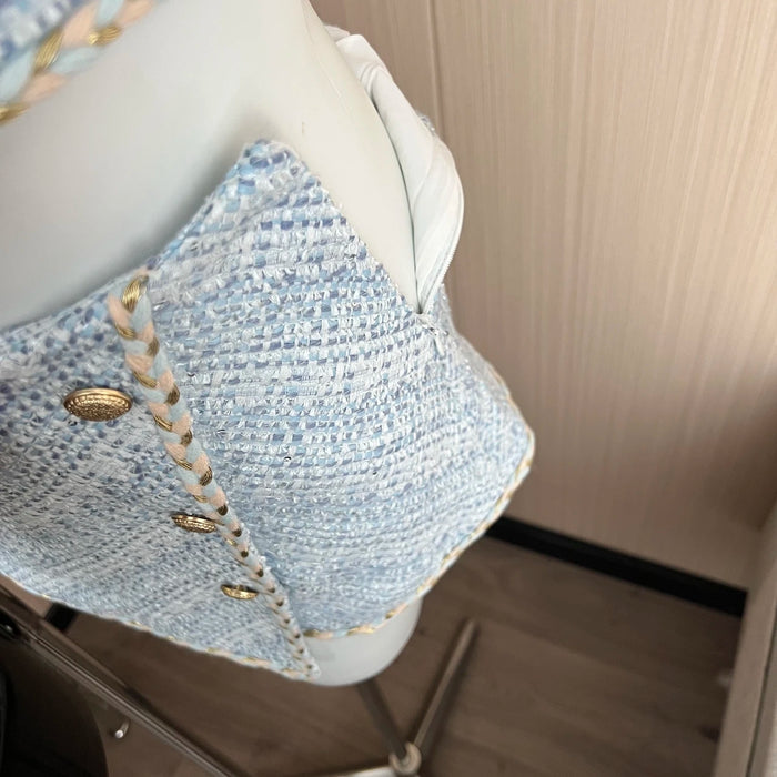 Elegant Chic Vintage Tweed Sets Women Outfits Puff Sleeve Double Breasted Cropped Tops + Asymmetrical Mini Skirt Two Piece Suits